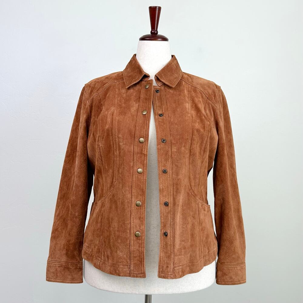 Coldwater Creek Genuine Suede Leather Carmel Brown Snap Front Jacket LARGE